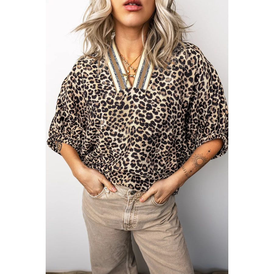 Leopard Contrast Trim V Neck Half Sleeve Western Dolman Blouse Taupe / S Apparel and Accessories