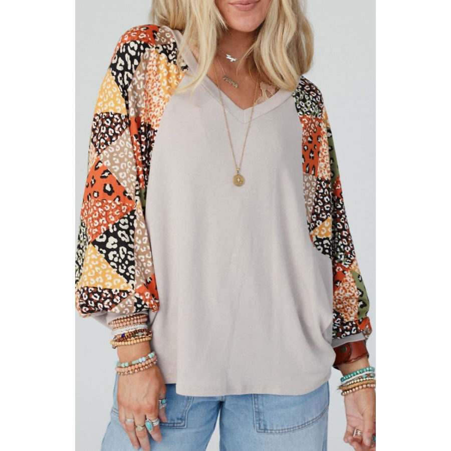 Leopard Contrast V-Neck Long Sleeve Blouse Apparel and Accessories