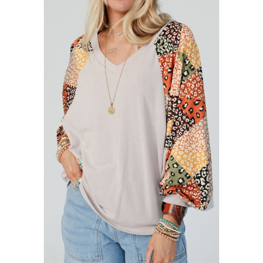 Leopard Contrast V-Neck Long Sleeve Blouse Apparel and Accessories