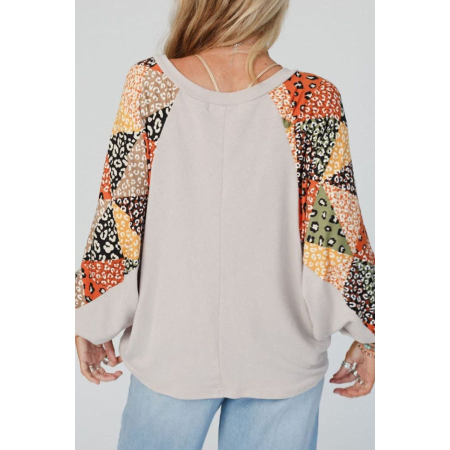 Leopard Contrast V-Neck Long Sleeve Blouse Apparel and Accessories