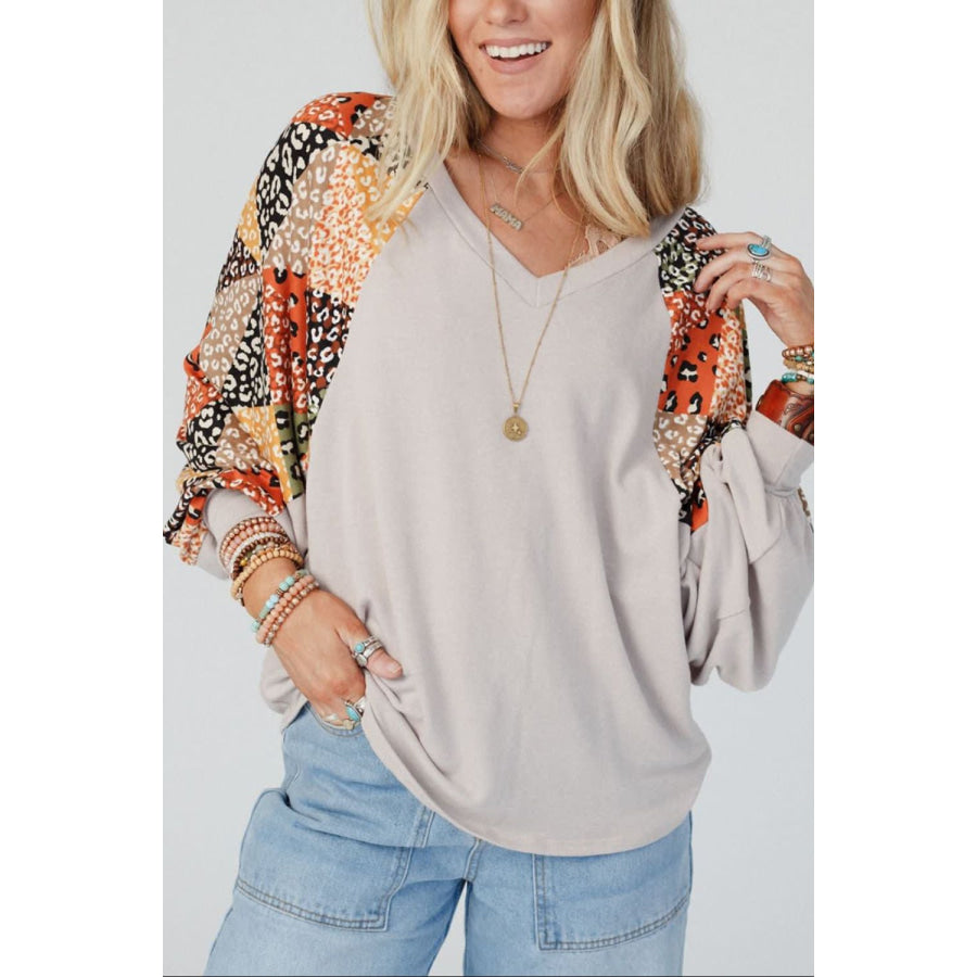 Leopard Contrast V-Neck Long Sleeve Blouse Light Gray / S Apparel and Accessories