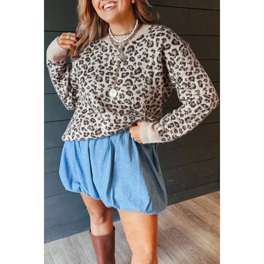 Leopard Crew Neck Sweater Brown / S Apparel and Accessories