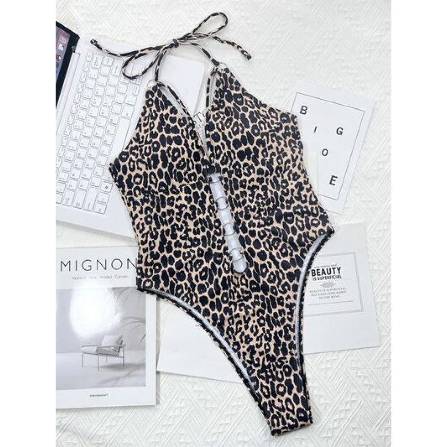 Leopard Cutout Halter Neck One - Piece Swimwear Apparel and Accessories