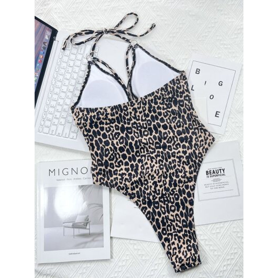 Leopard Cutout Halter Neck One - Piece Swimwear Apparel and Accessories