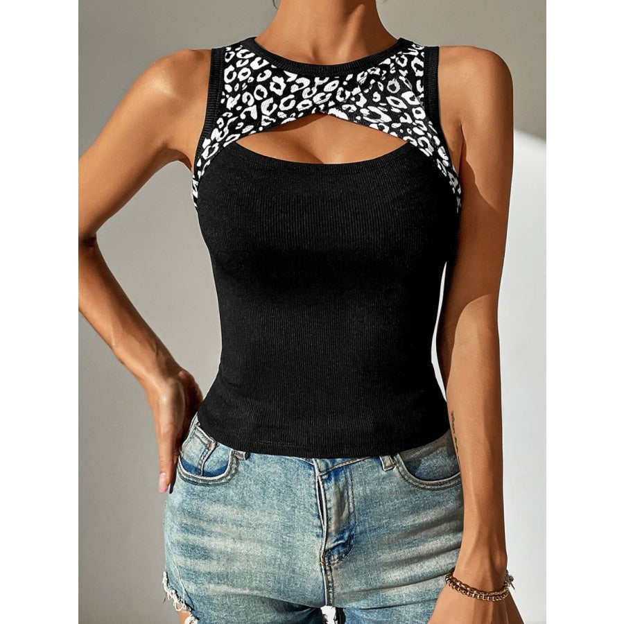 Leopard Cutout Round Neck Tank