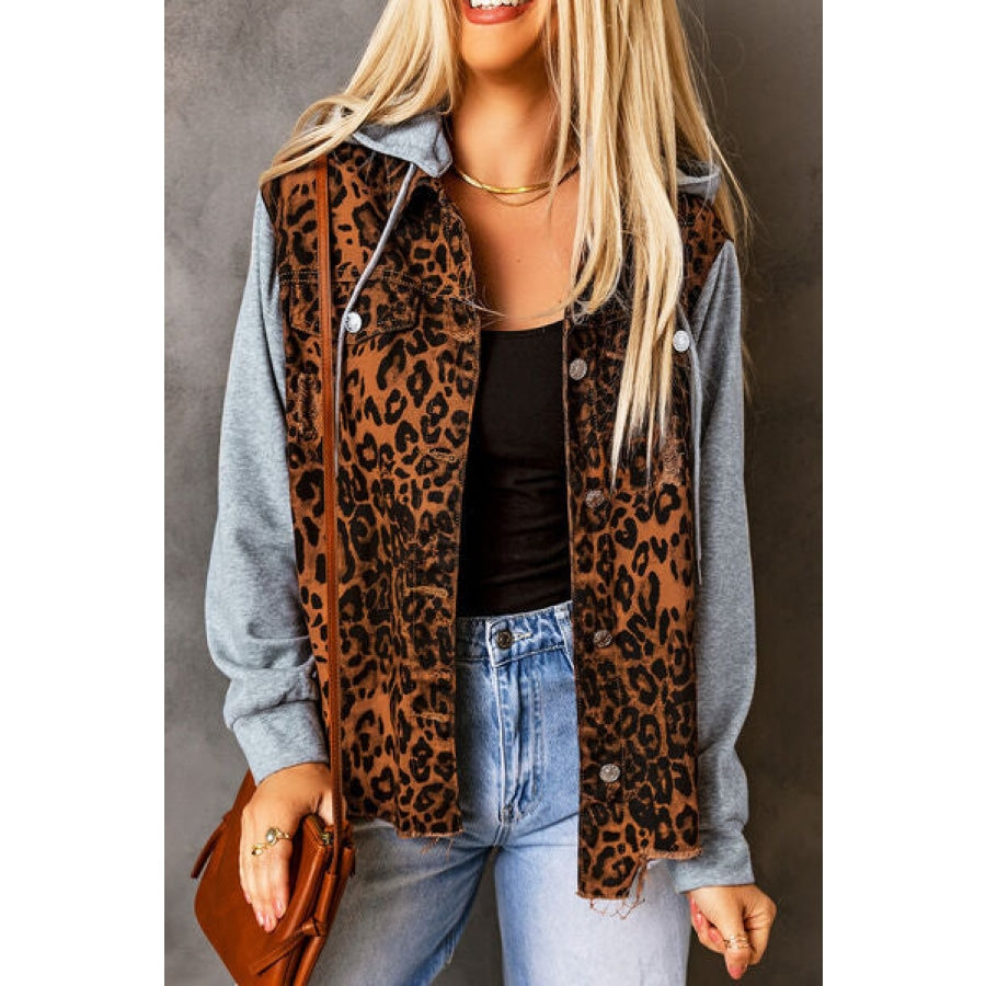 Leopard Distressed Drawstring Hooded Denim Jacket Clothing