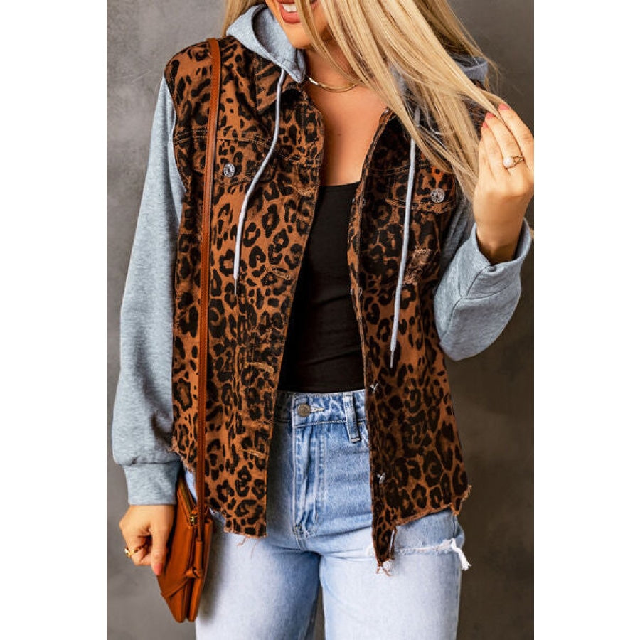 Leopard Distressed Drawstring Hooded Denim Jacket Clothing