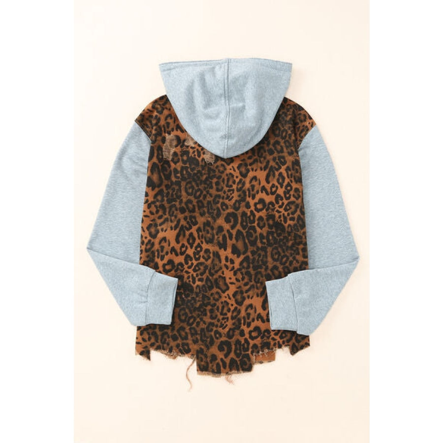 Leopard Distressed Drawstring Hooded Denim Jacket Clothing