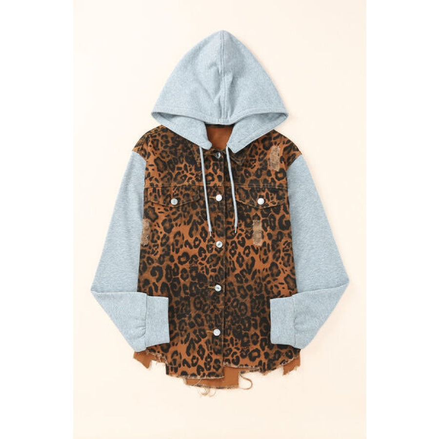 Leopard Distressed Drawstring Hooded Denim Jacket Clothing