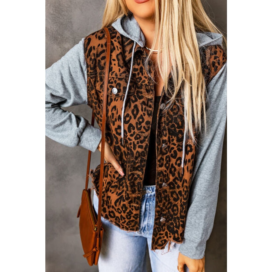 Leopard Distressed Drawstring Hooded Denim Jacket Clothing