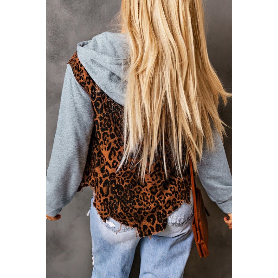 Leopard Distressed Drawstring Hooded Denim Jacket Clothing