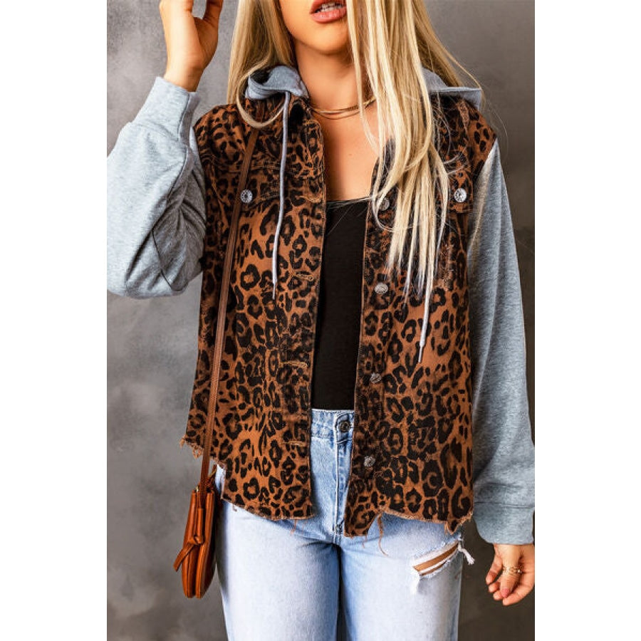 Leopard Distressed Drawstring Hooded Denim Jacket Clothing