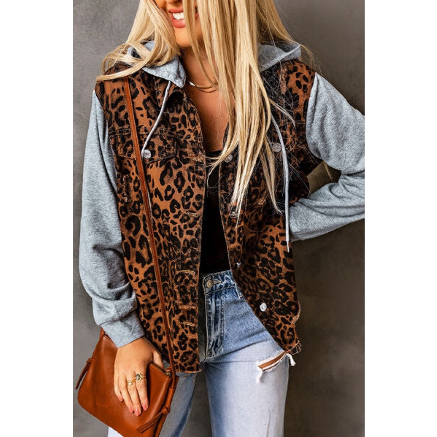 Leopard Distressed Drawstring Hooded Denim Jacket Leopard / S Clothing