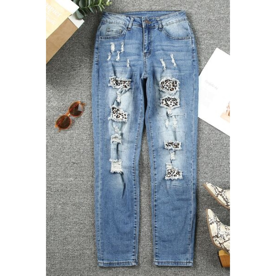 Leopard Distressed Pocketed Straight Jeans Clothing