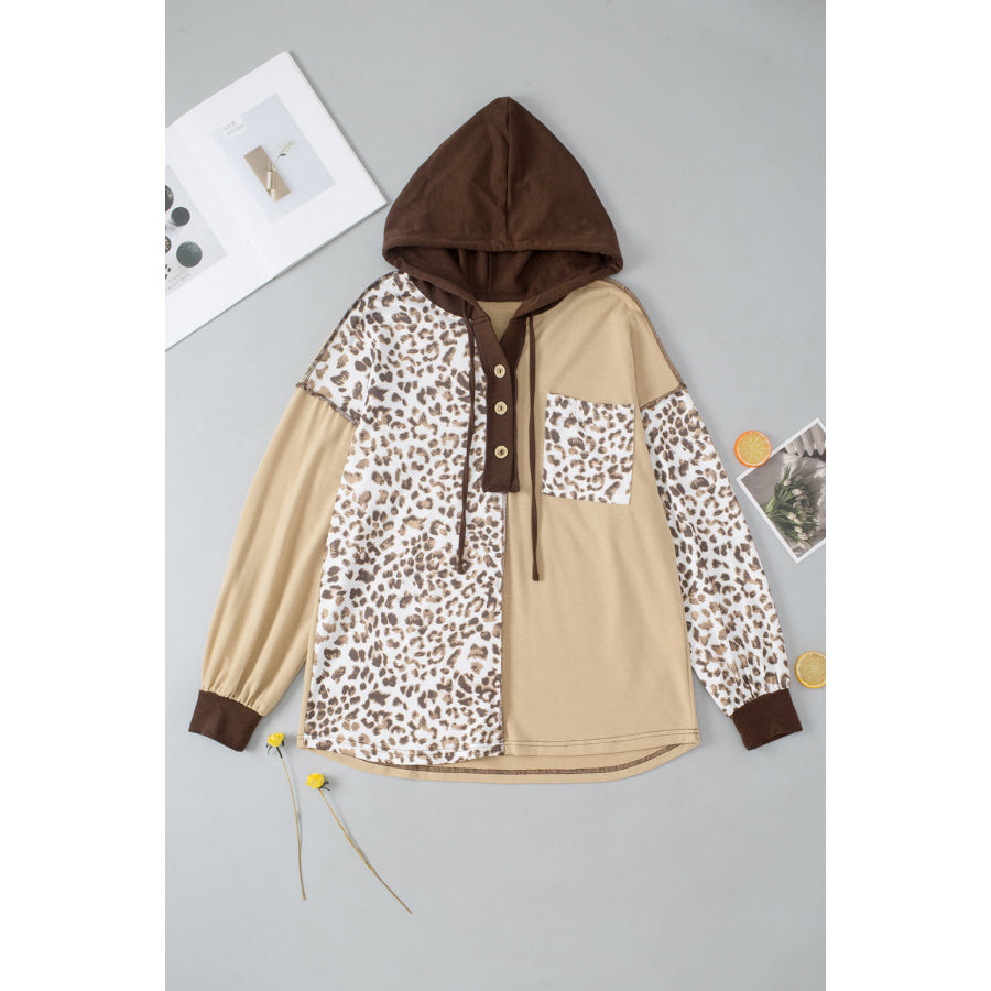 Leopard Drawstring Chest Pocket Hoodie Apparel and Accessories