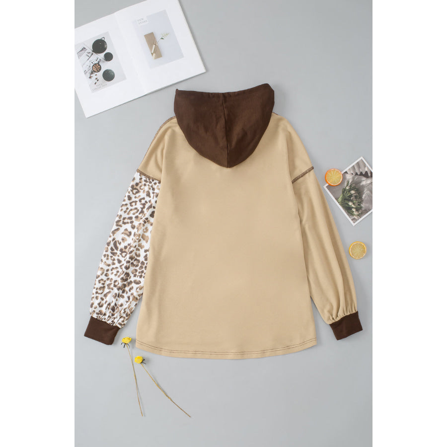 Leopard Drawstring Chest Pocket Hoodie Apparel and Accessories