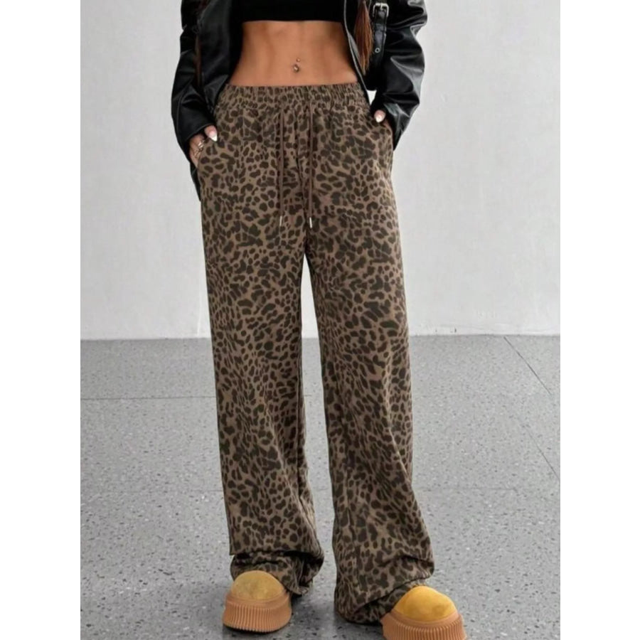 Leopard Drawstring Wide Leg Pants Apparel and Accessories