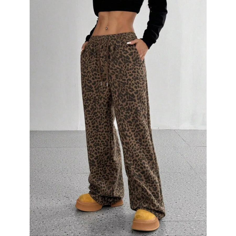 Leopard Drawstring Wide Leg Pants Apparel and Accessories