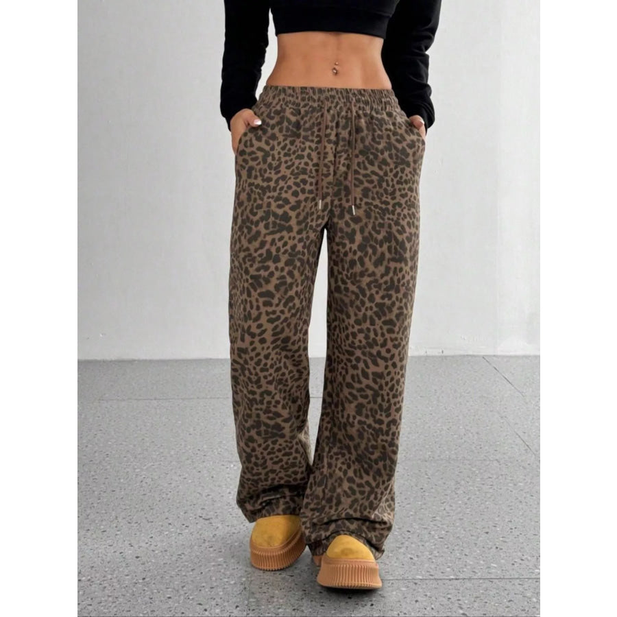 Leopard Drawstring Wide Leg Pants Apparel and Accessories