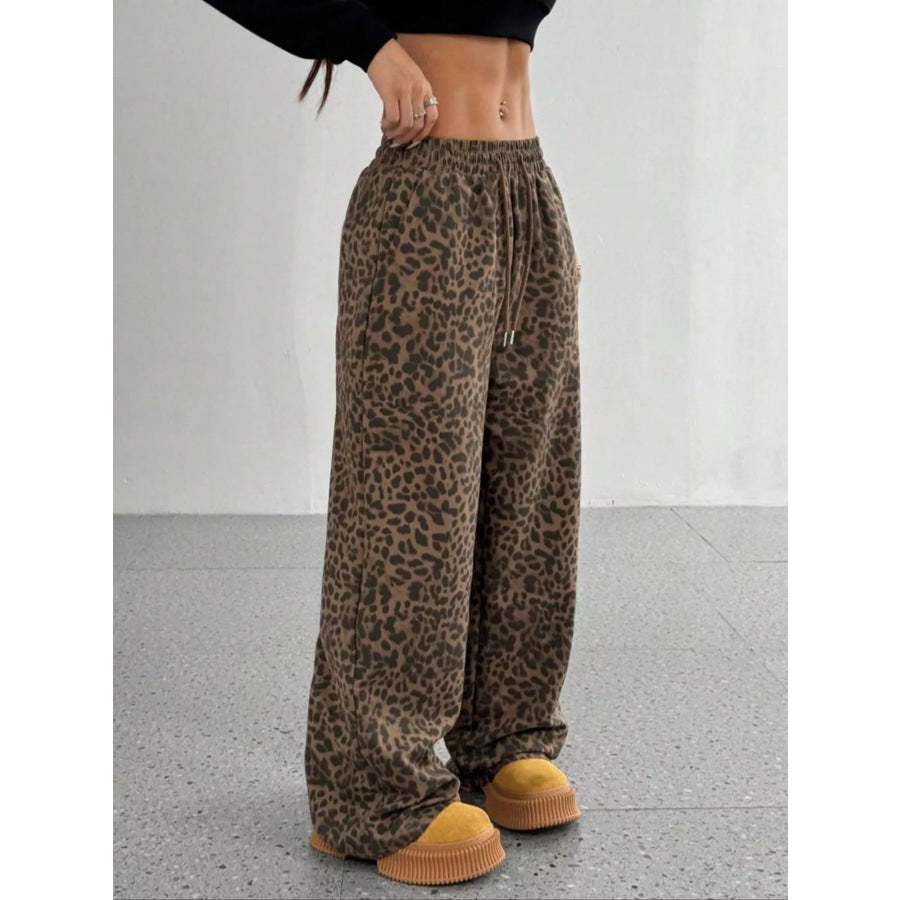 Leopard Drawstring Wide Leg Pants Apparel and Accessories