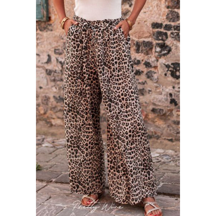 Leopard Drawstring Wide Leg Pants Leopard / S Apparel and Accessories