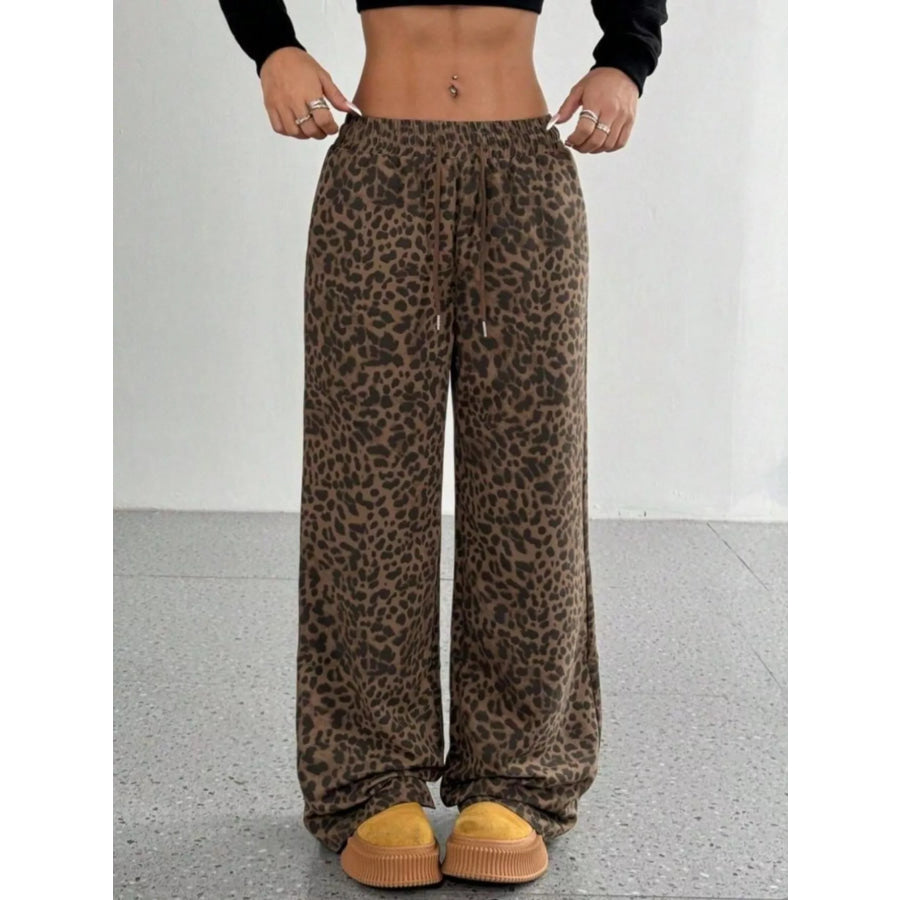 Leopard Drawstring Wide Leg Pants Leopard / S Apparel and Accessories