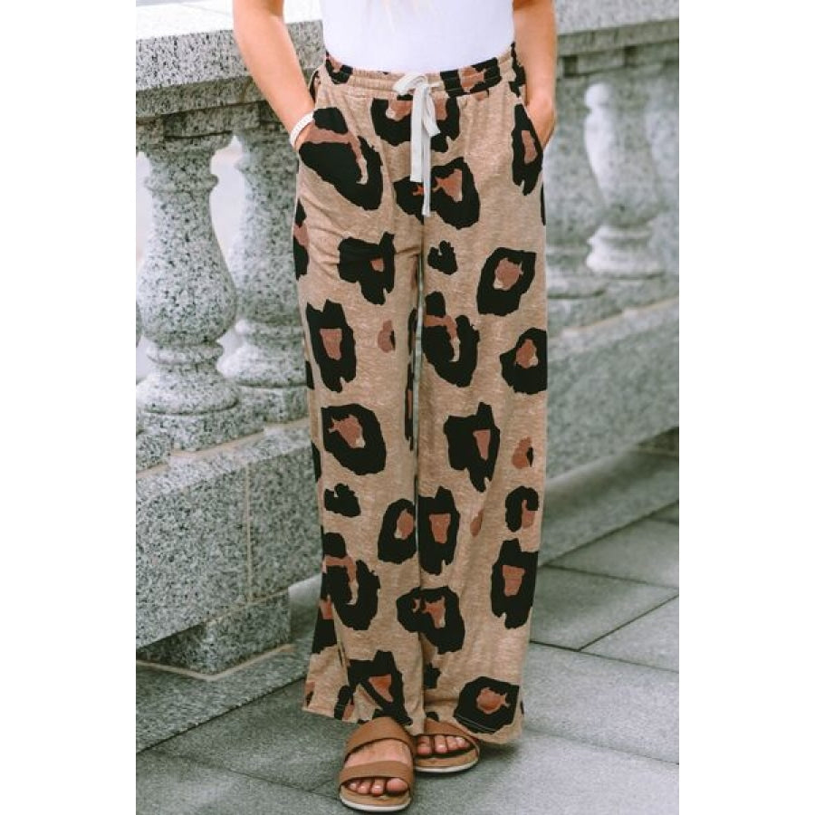 Leopard Drawstring Wide Leg Pants with Pockets Clothing