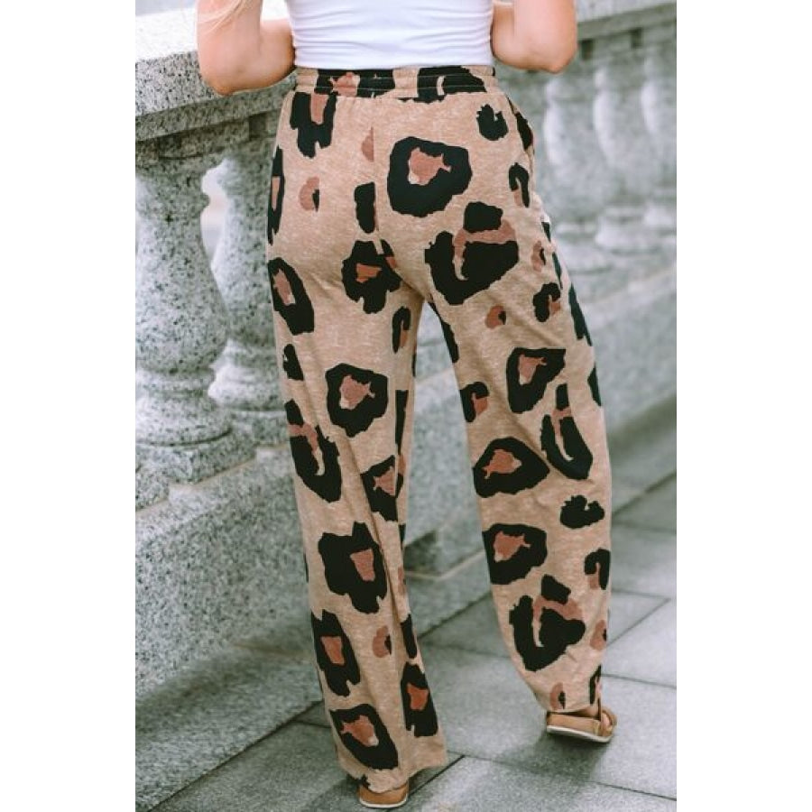 Leopard Drawstring Wide Leg Pants with Pockets Clothing