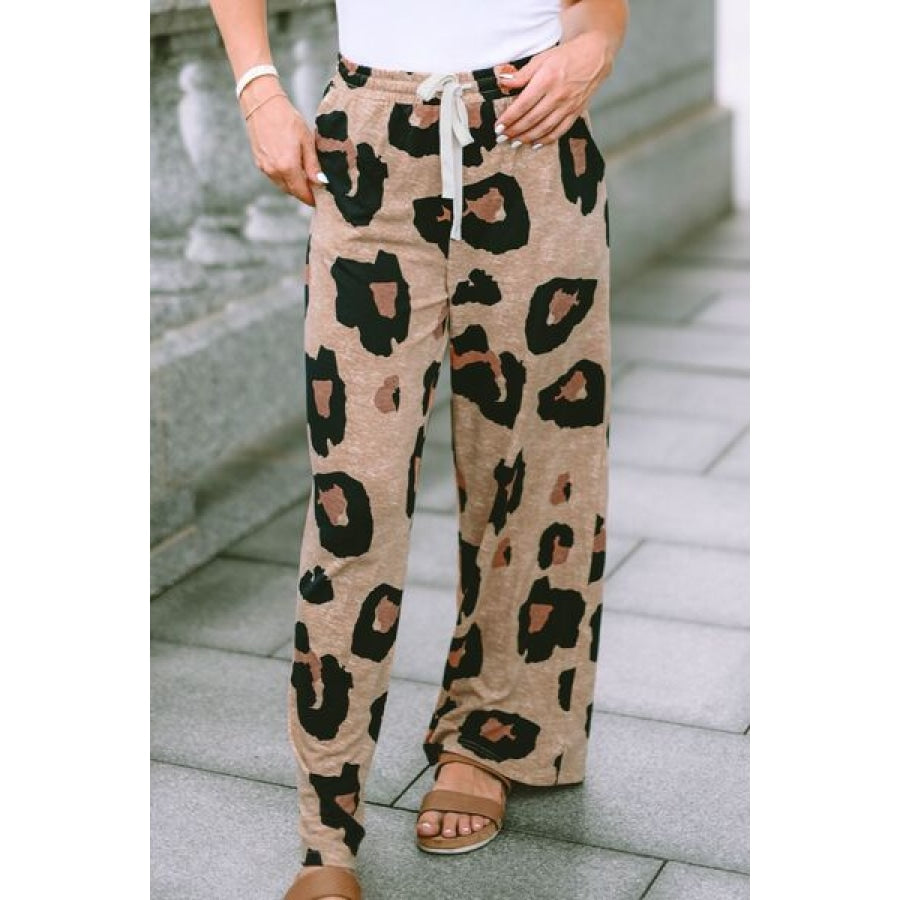 Leopard Drawstring Wide Leg Pants with Pockets Clothing