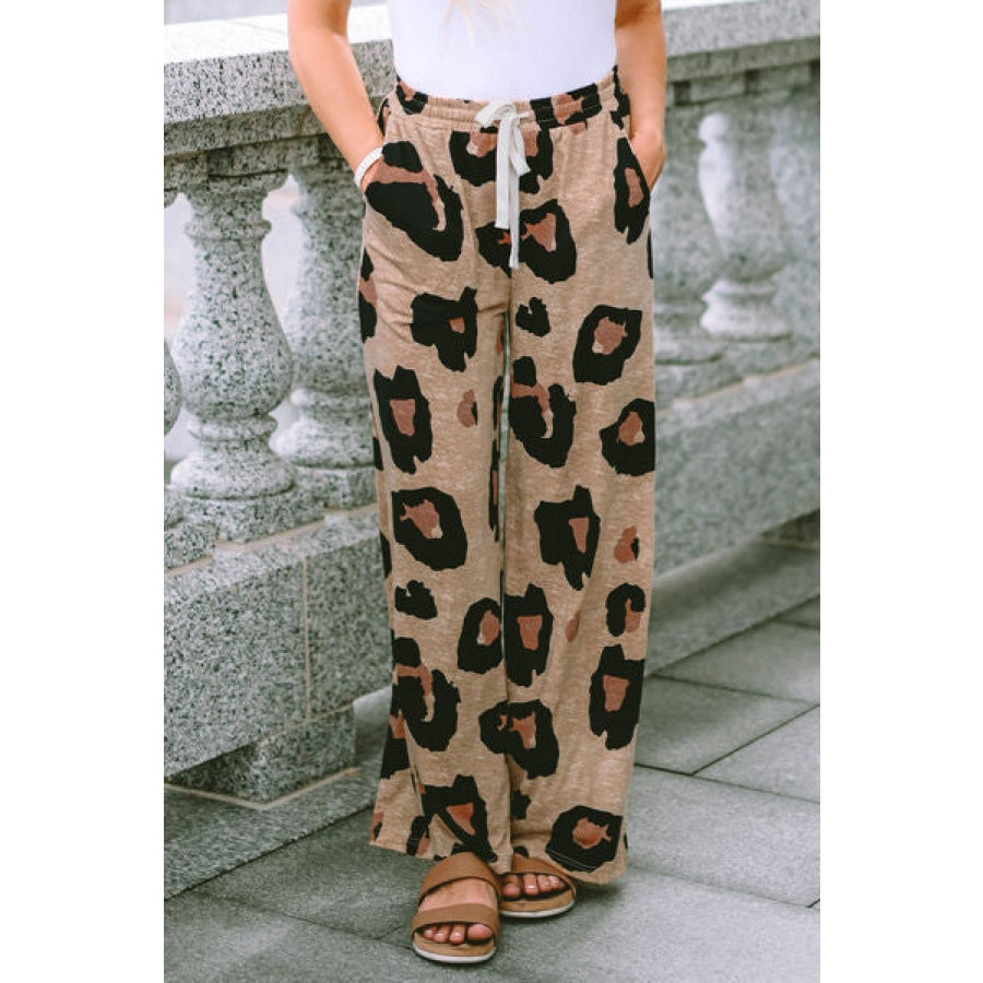 Leopard Drawstring Wide Leg Pants with Pockets Leopard / S Clothing