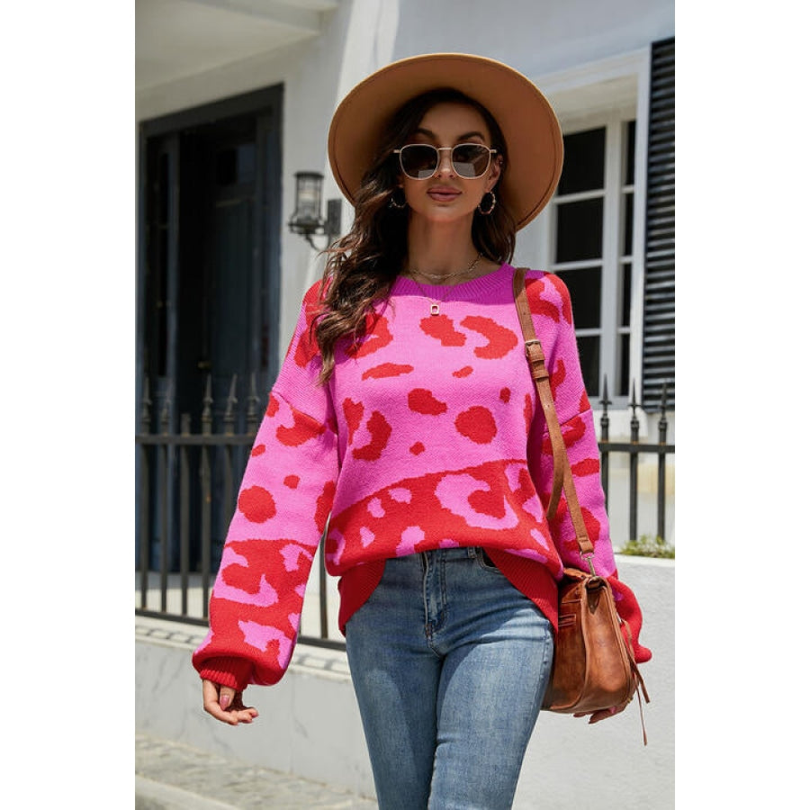 Leopard Drop Shoulder Sweater Hot Pink / S