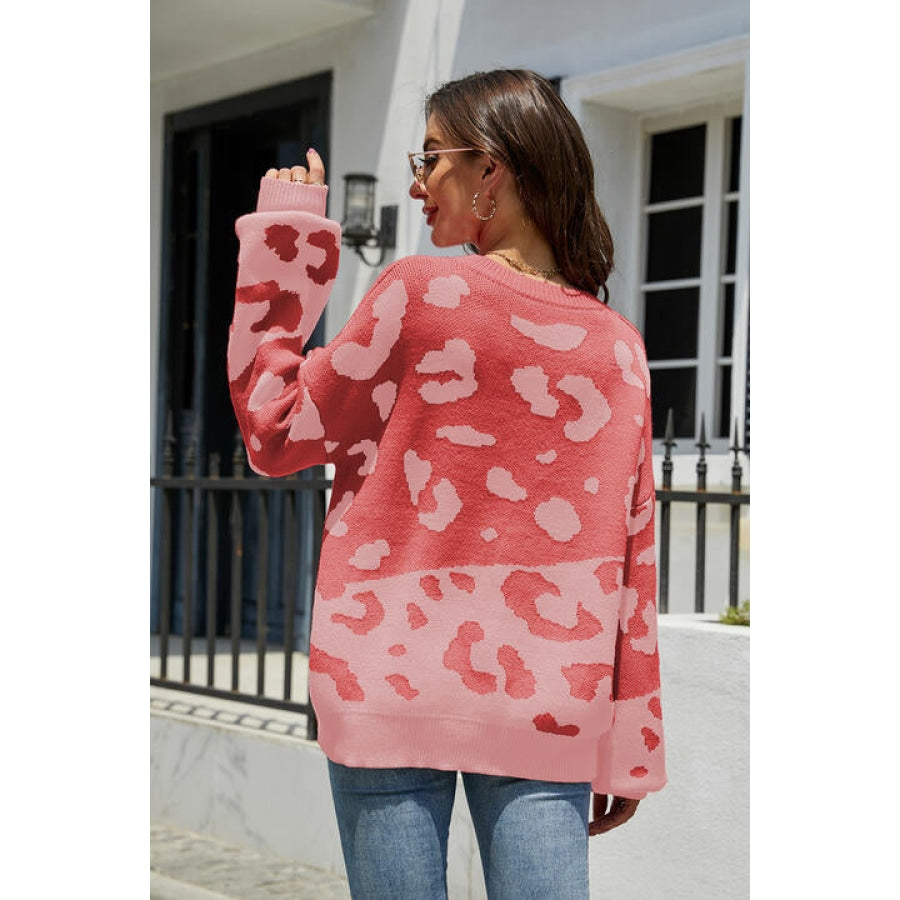 Leopard Drop Shoulder Sweater Coral / S