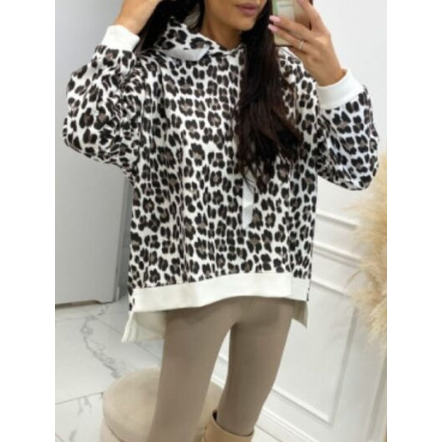 Leopard Dropped Shoulder Hoodie White / S Apparel and Accessories