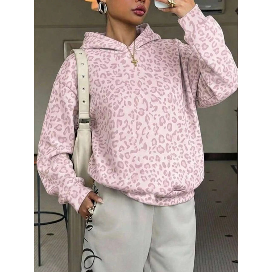 Leopard Dropped Shoulder Hoodie Blush Pink / S Apparel and Accessories