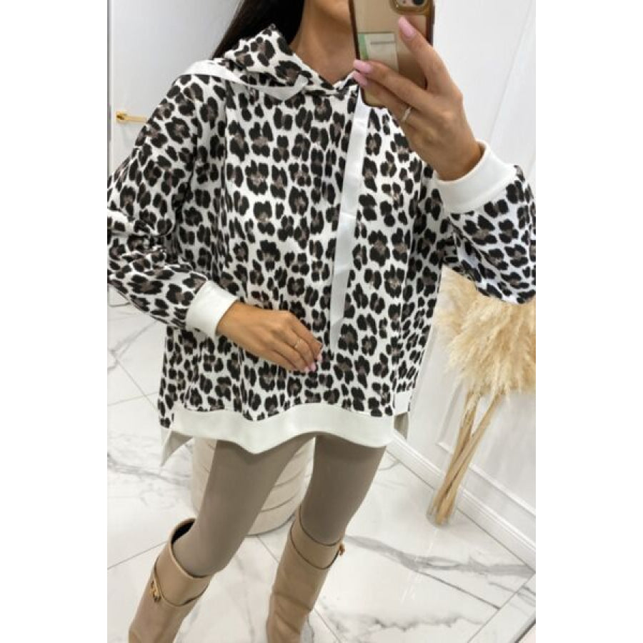 Leopard Dropped Shoulder Hoodie White / S Apparel and Accessories