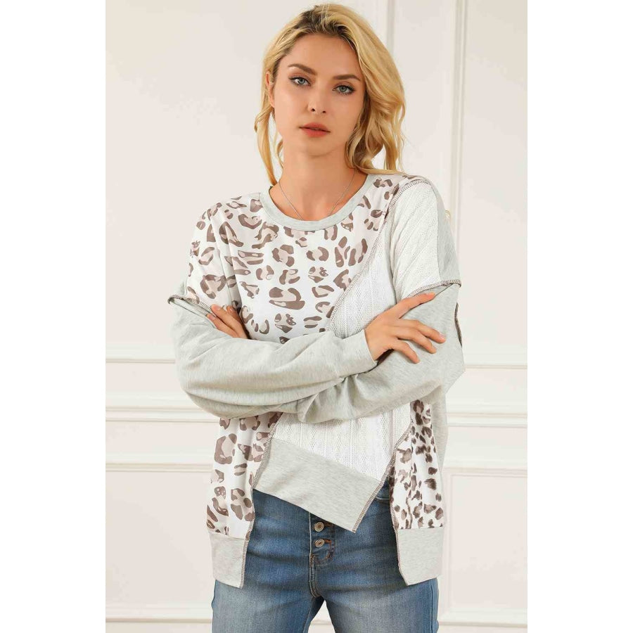 Leopard Exposed Seams Round Neck Sweatshirt