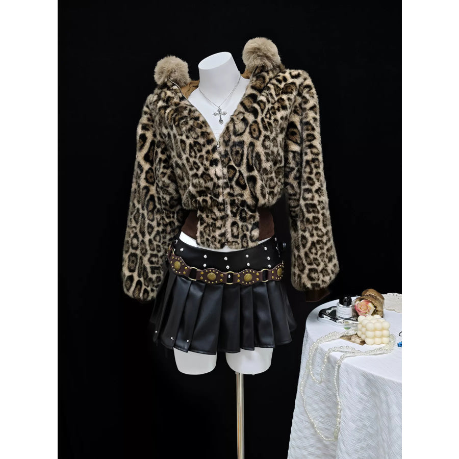 Leopard Faux Fur Hooded Outerwear Apparel and Accessories