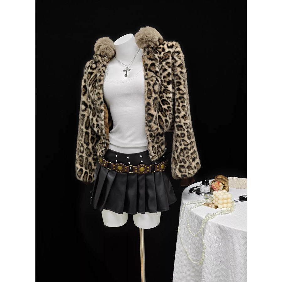 Leopard Faux Fur Hooded Outerwear Apparel and Accessories