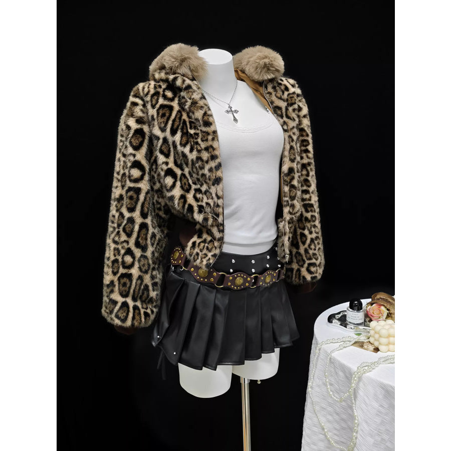 Leopard Faux Fur Hooded Outerwear Apparel and Accessories