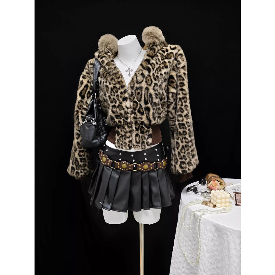 Leopard Faux Fur Hooded Outerwear Apparel and Accessories