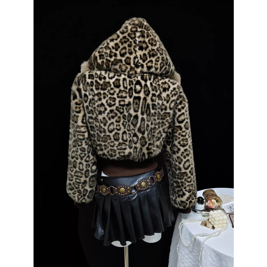 Leopard Faux Fur Hooded Outerwear Apparel and Accessories