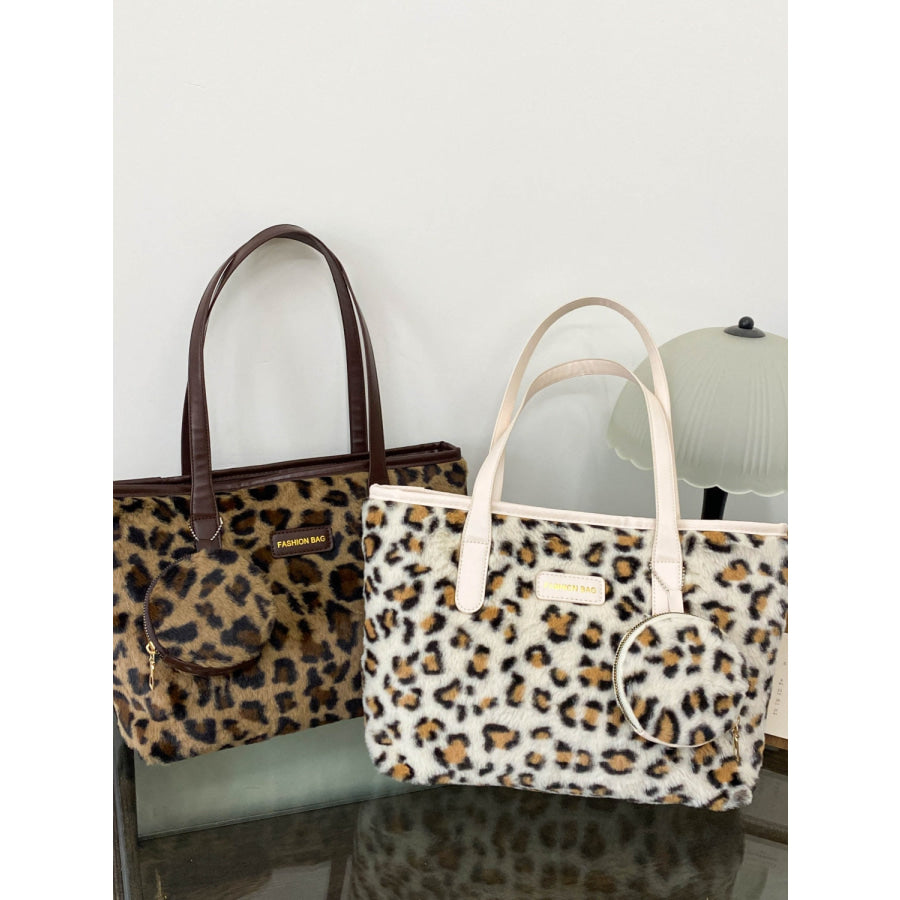 Leopard Faux Fur Tote Bag with Coin Purse Apparel and Accessories