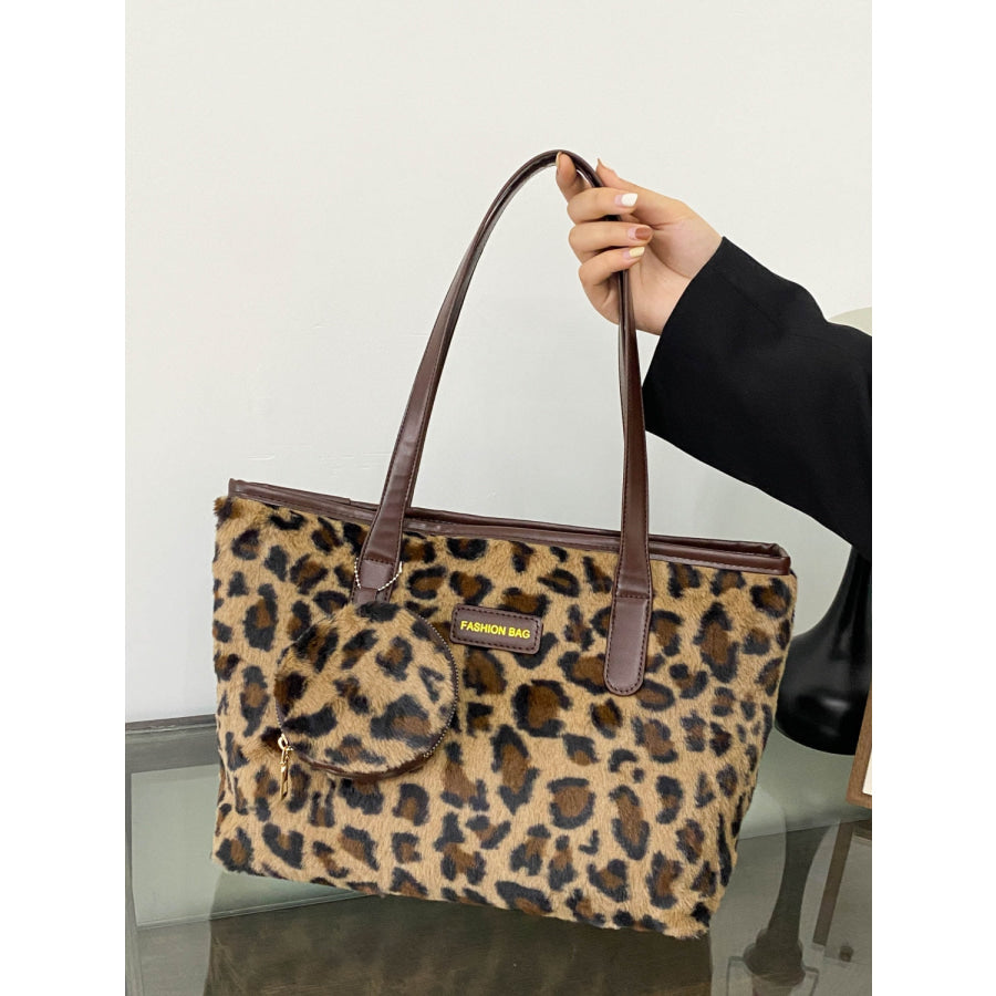 Leopard Faux Fur Tote Bag with Coin Purse Apparel and Accessories