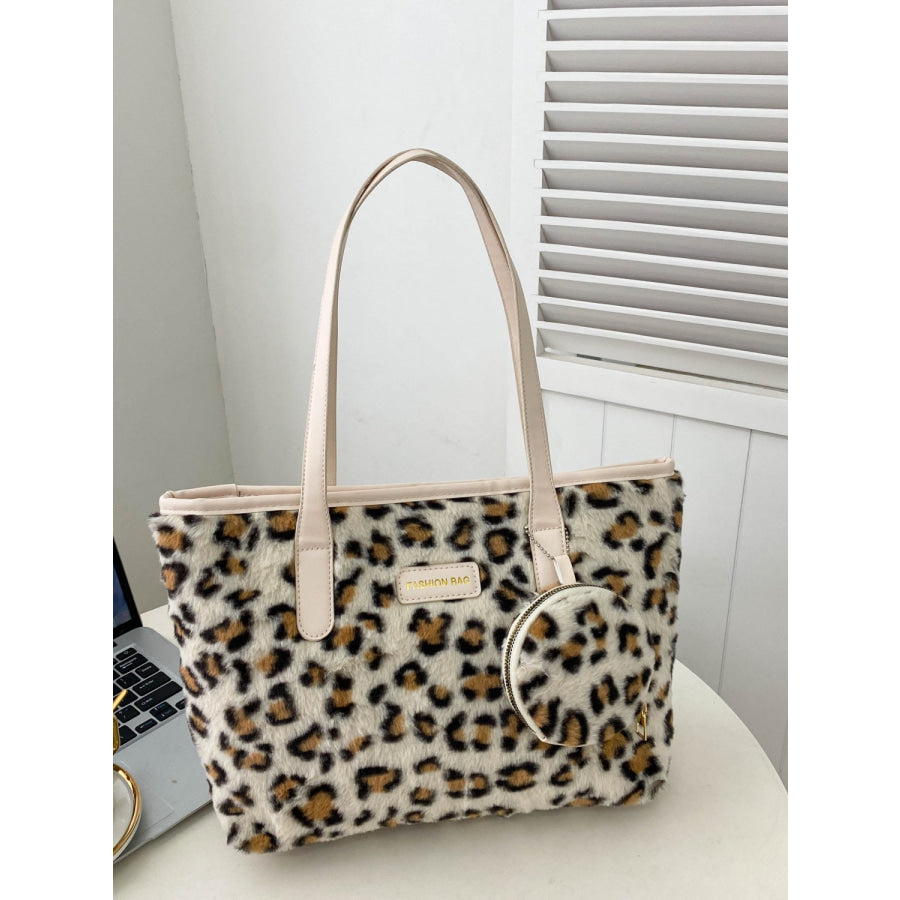 Leopard Faux Fur Tote Bag with Coin Purse Apparel and Accessories