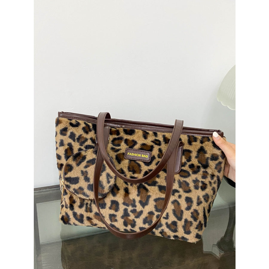 Leopard Faux Fur Tote Bag with Coin Purse Apparel and Accessories