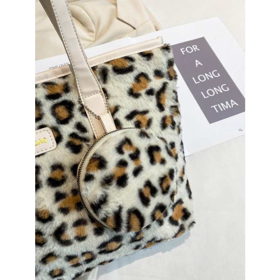 Leopard Faux Fur Tote Bag with Coin Purse Apparel and Accessories