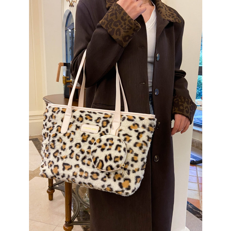 Leopard Faux Fur Tote Bag with Coin Purse Apparel and Accessories