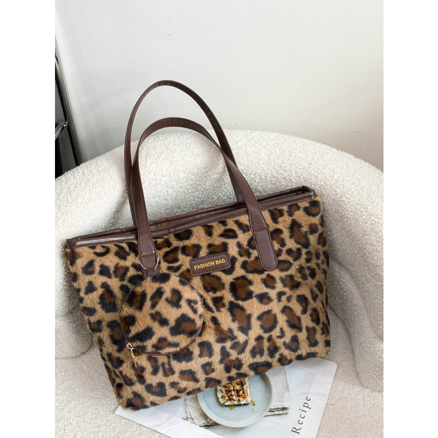 Leopard Faux Fur Tote Bag with Coin Purse Brown / One Size Apparel and Accessories