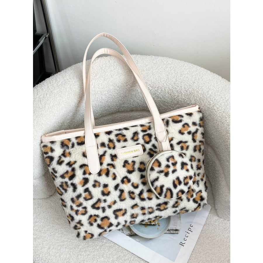 Leopard Faux Fur Tote Bag with Coin Purse White / One Size Apparel and Accessories