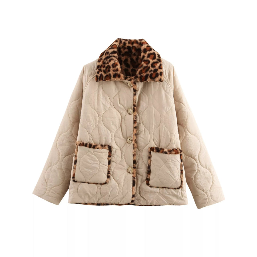 Leopard Faux Fur Trim Quilted Jacket Apparel and Accessories